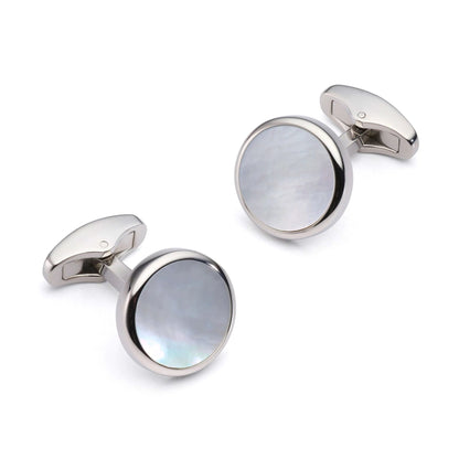 Elegant Mother Of Pearl Round Cufflinks In Silver - Timeless Formal Wear Accessory For Men by Benson & Clegg