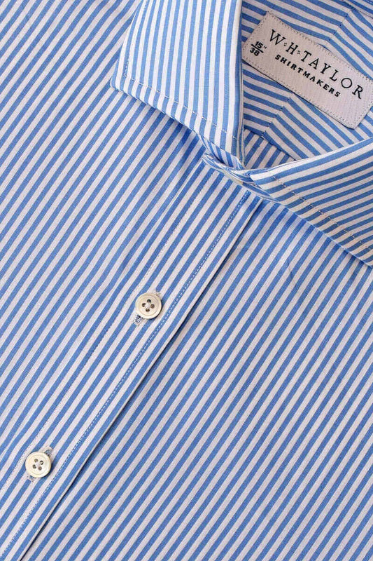Blue 140's Superfine Bengal Stripe Poplin Men's Bespoke Shirt - whtshirtmakers.com