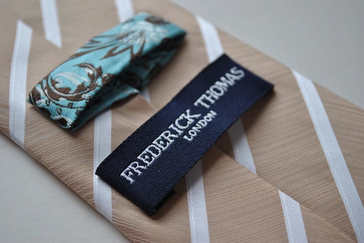 light brown and white striped tie by Frederick Thomas Handmade Mens Ties