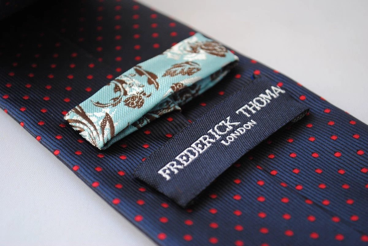 navy and red pin spot design tie by Frederick Thomas Handmade Mens Ties