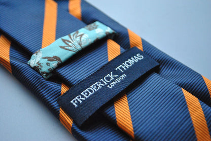navy and orange club striped tie by Frederick Thomas Handmade Mens Ties