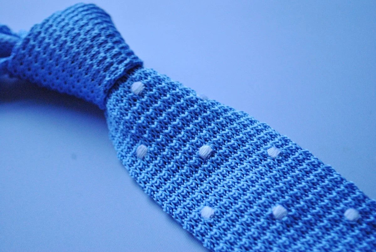 light blue skinny knitted tie with white polka dots by Frederick Thomas Handmade Mens Ties