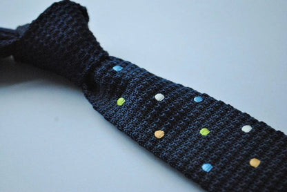 navy blue skinny knitted tie with multicoloured polka dots by Frederick Thomas Handmade Mens Ties