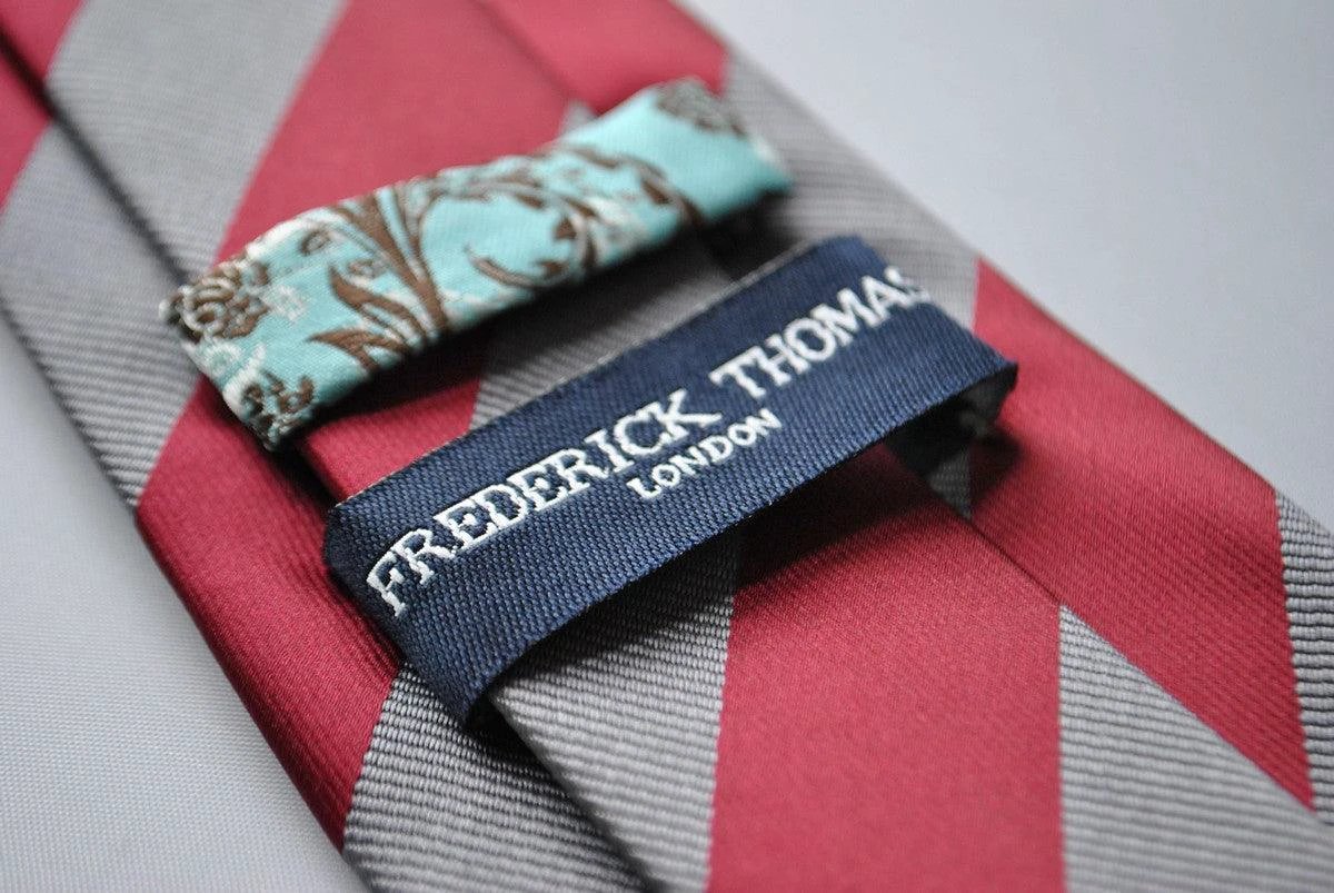 maroon red and silver barber striped tie by Frederick Thomas Handmade Mens Ties