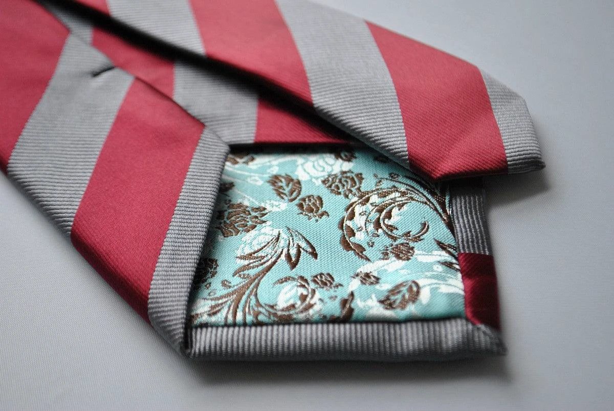 maroon red and silver barber striped tie by Frederick Thomas Handmade Mens Ties