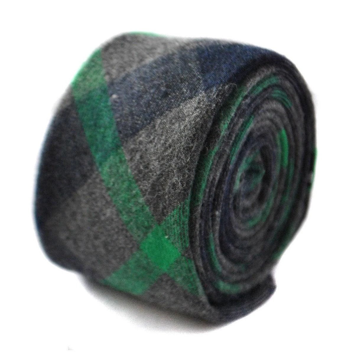 dark green and grey wool check style skinny tie by Frederick Thomas Handmade Mens Ties