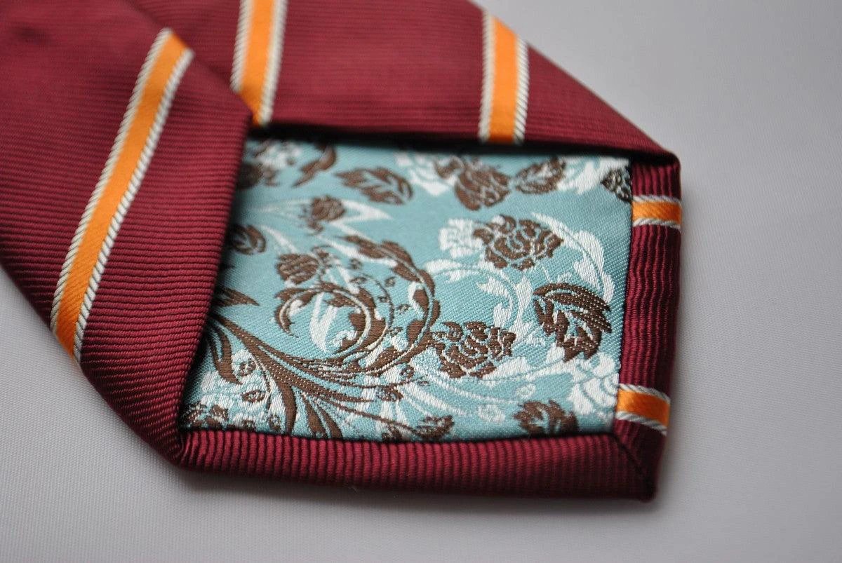 Maroon and Orange Club Striped Tie for the Luxury Professional Man - Handcrafted with Floral Rear Detail by Frederick Thomas Handmade Mens Ties