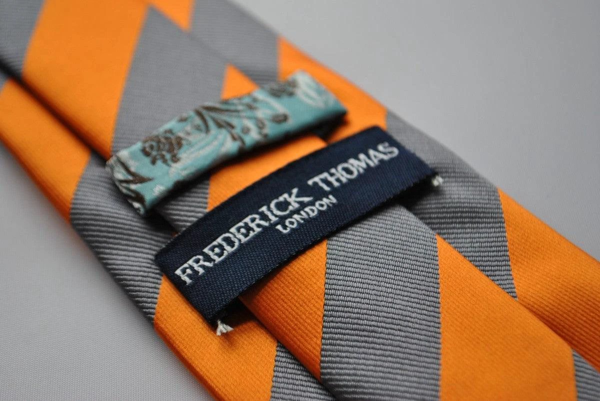 grey and orange barber striped tie by Frederick Thomas Handmade Mens Ties