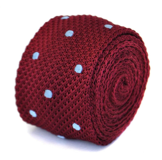 maroon skinny knitted tie with light blue polka dots by Frederick Thomas Handmade Mens Ties