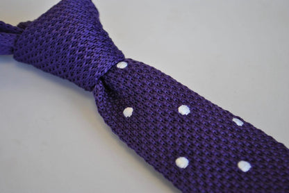 cadbury purple skinny knitted tie with white polka dots by Frederick Thomas Handmade Mens Ties