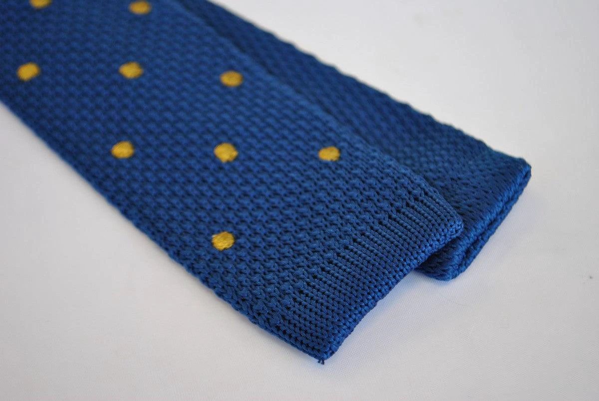 navy blue skinny knitted tie with brown polka dots by Frederick Thomas Handmade Mens Ties