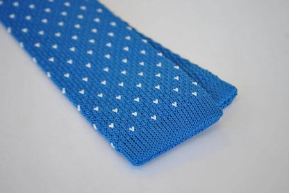 bright royal blue skinny knitted tie with white polka dots by Frederick Thomas Handmade Mens Ties