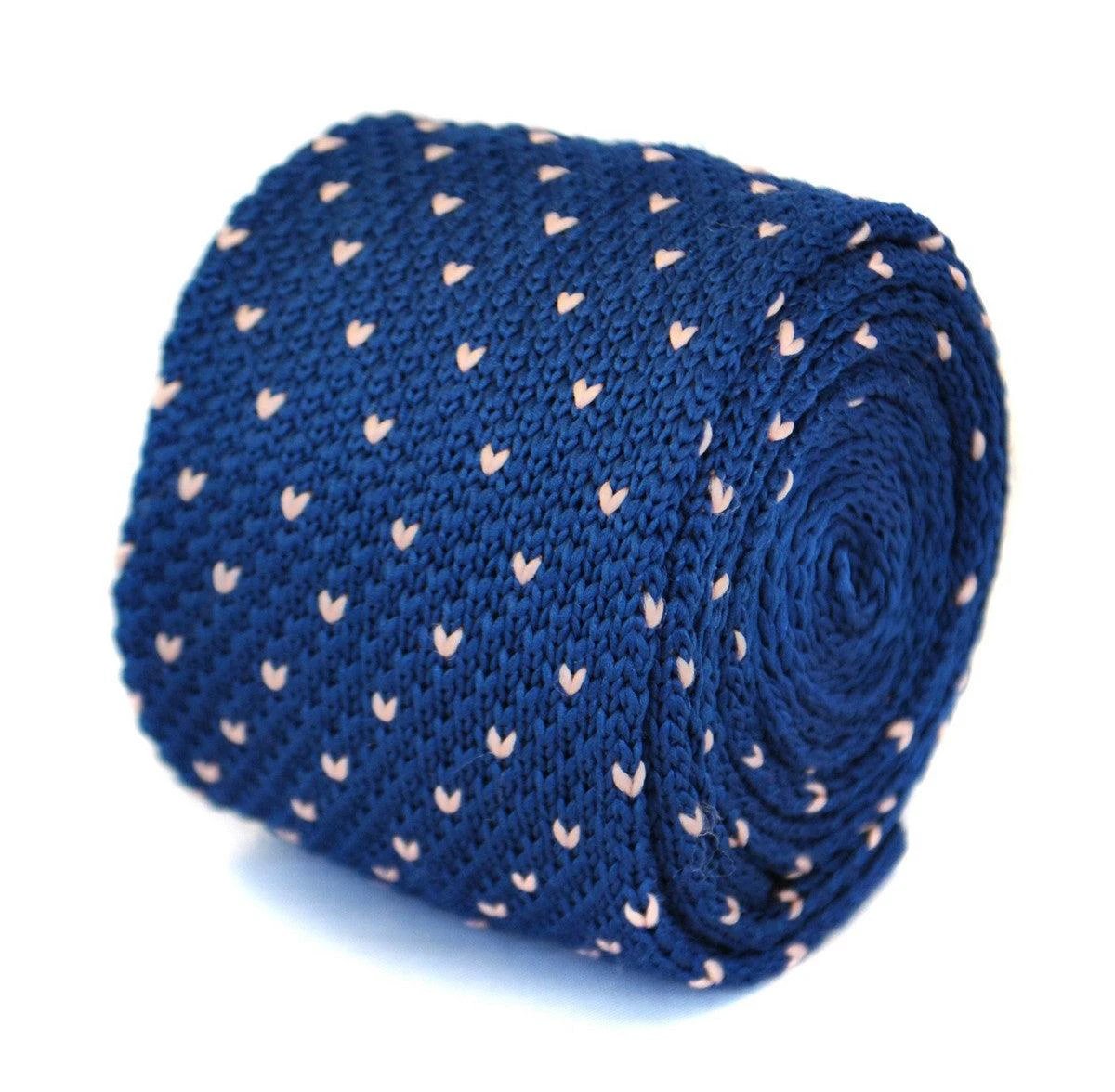 navy blue skinny knitted tie with pink polka dots by Frederick Thomas Handmade Mens Ties