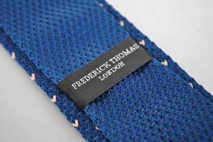 navy blue skinny knitted tie with pink polka dots by Frederick Thomas Handmade Mens Ties