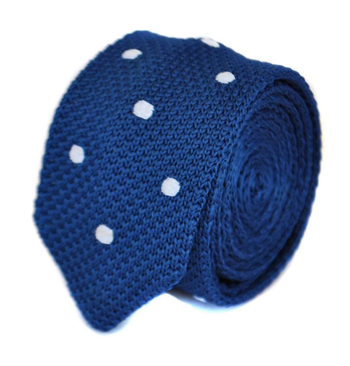 navy blue skinny knitted tie with white polka dots and pointed end by Frederick Thomas Handmade Mens Ties
