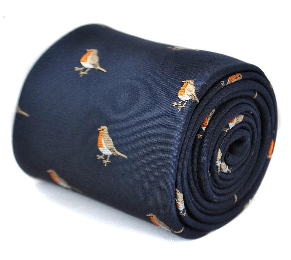 navy tie with embroidered robin design by Frederick Thomas Handmade Mens Ties