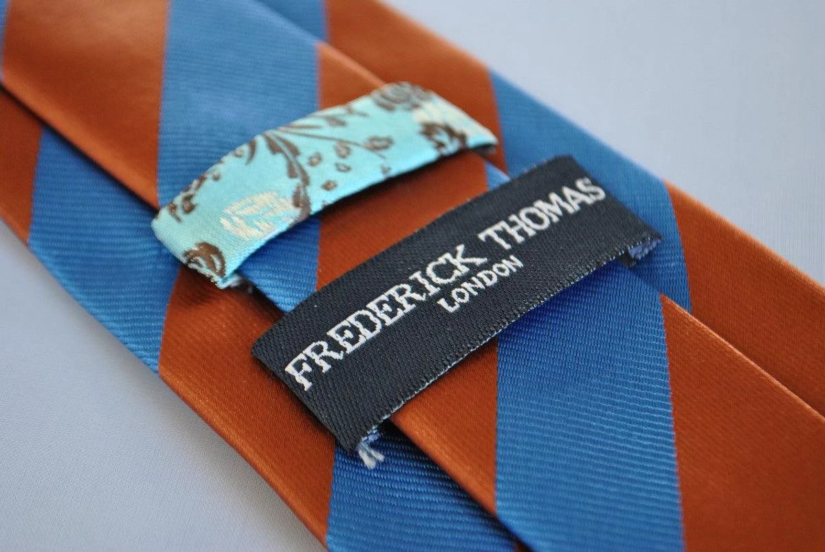 chocolate brown and royal blue barber striped tie by Frederick Thomas Handmade Mens Ties