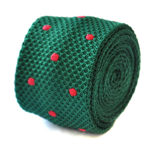 dark green skinny knitted tie with red polka dots by Frederick Thomas Handmade Mens Ties