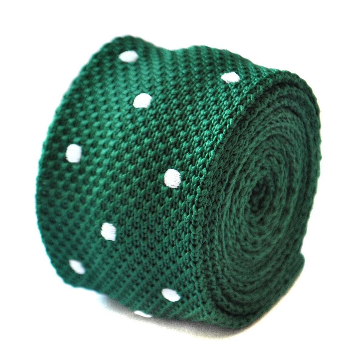 emerald green skinny knitted tie with white polka dots by Frederick Thomas Handmade Mens Ties