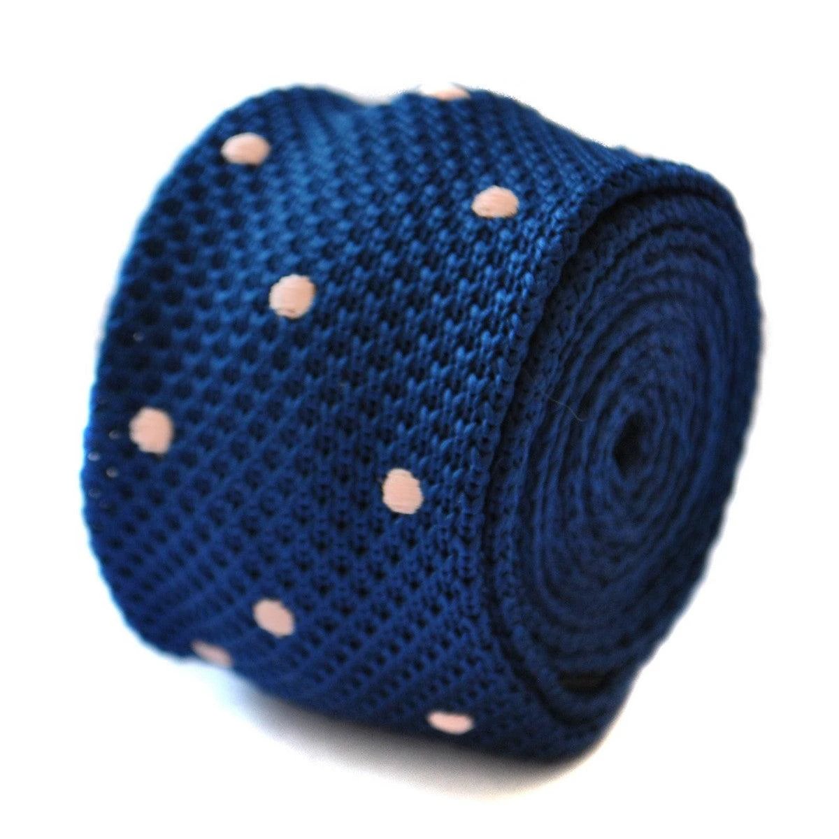 navy blue skinny knitted tie with powder pink polka dots by Frederick Thomas Handmade Mens Ties