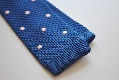 navy blue skinny knitted tie with powder pink polka dots by Frederick Thomas Handmade Mens Ties