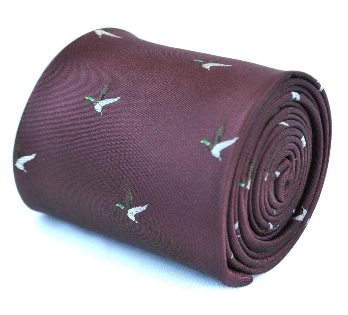 Maroon Tie With Flying Duck Design - Handmade Luxury Accessory By Frederick Thomas by Frederick Thomas Handmade Mens Ties