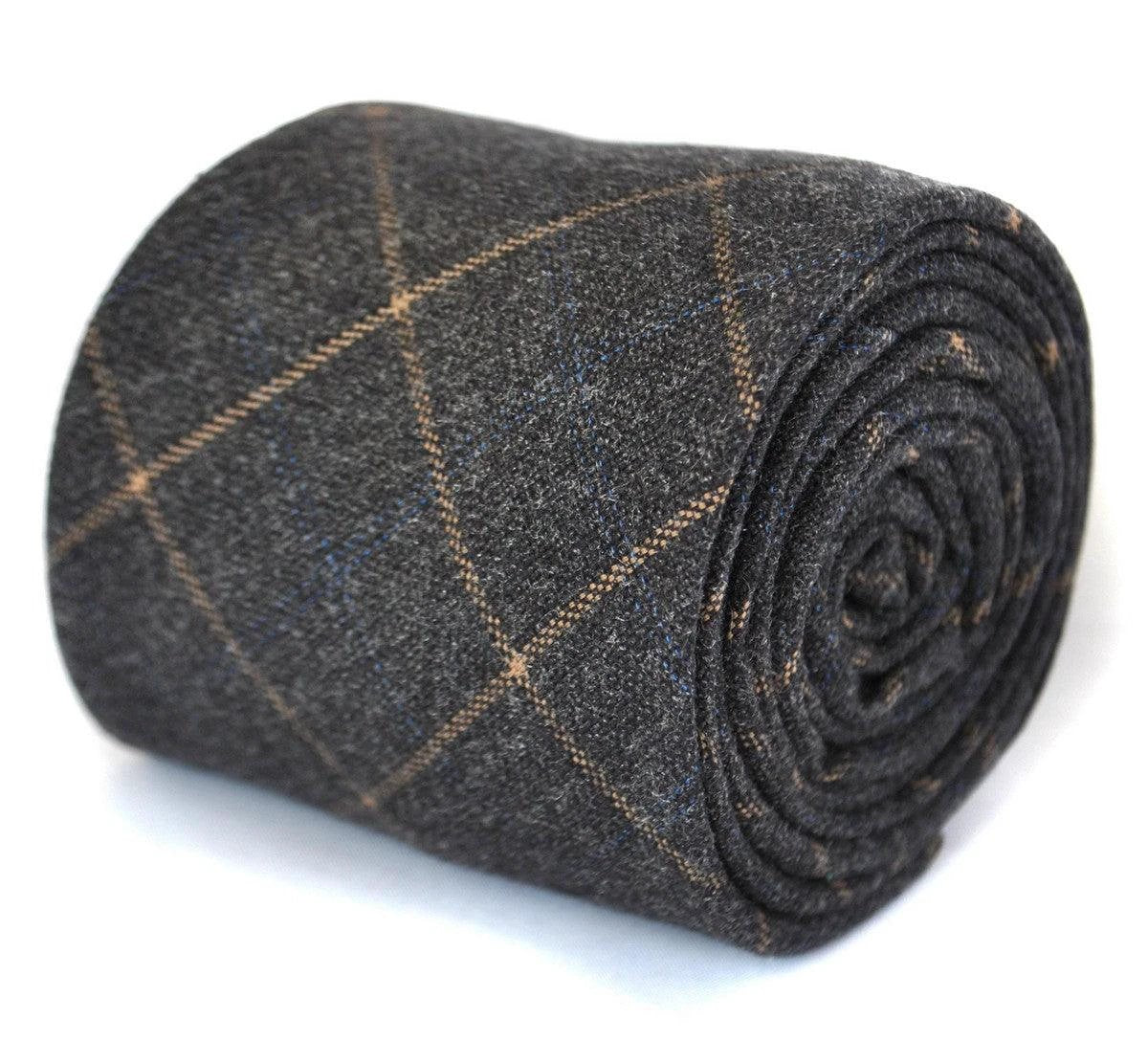 charcoal grey orange check tweed wool skinny tie by Frederick Thomas Handmade Mens Ties