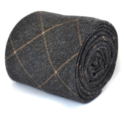charcoal grey orange check tweed wool skinny tie by Frederick Thomas Handmade Mens Ties
