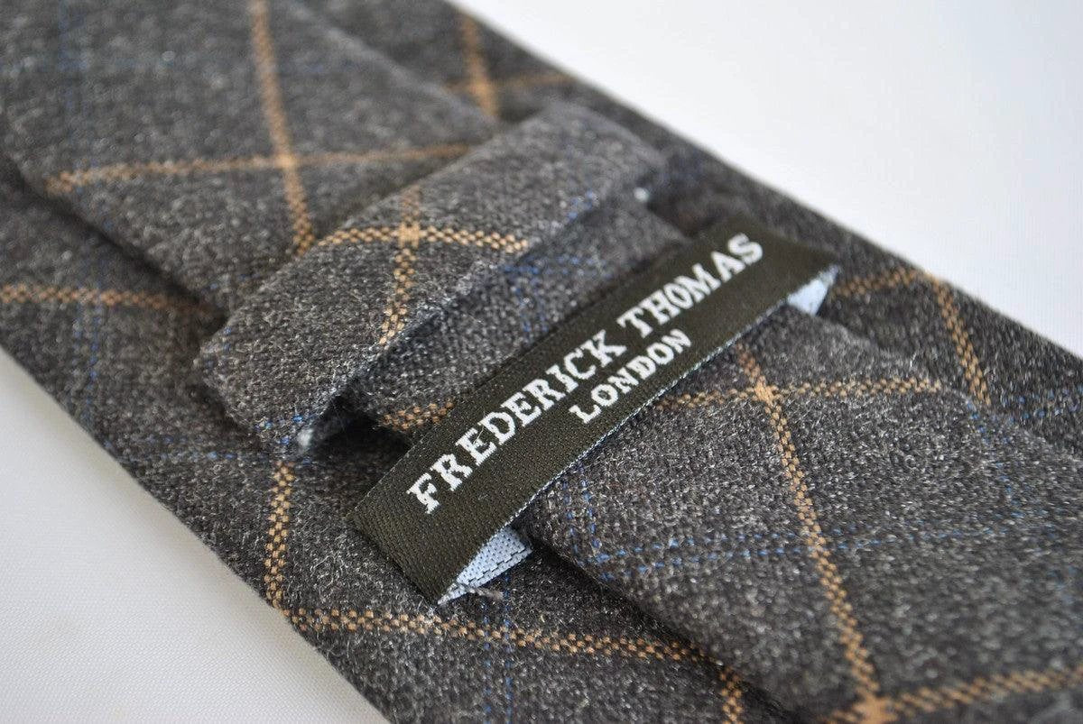 charcoal grey orange check tweed wool skinny tie by Frederick Thomas Handmade Mens Ties