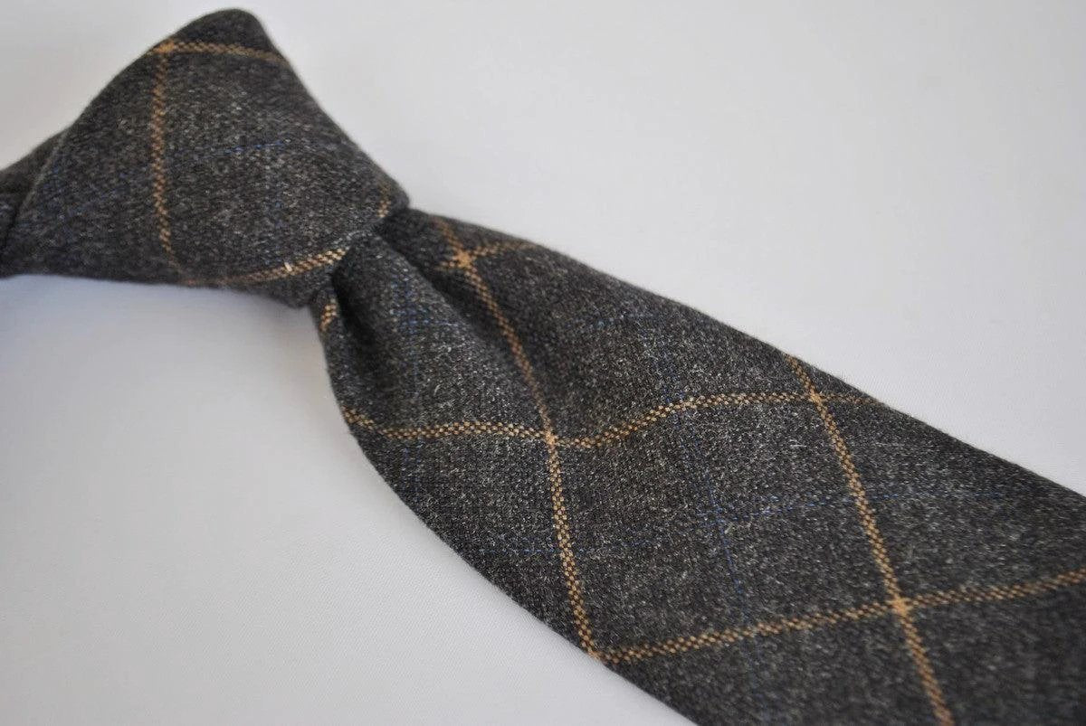 charcoal grey orange check tweed wool skinny tie by Frederick Thomas Handmade Mens Ties