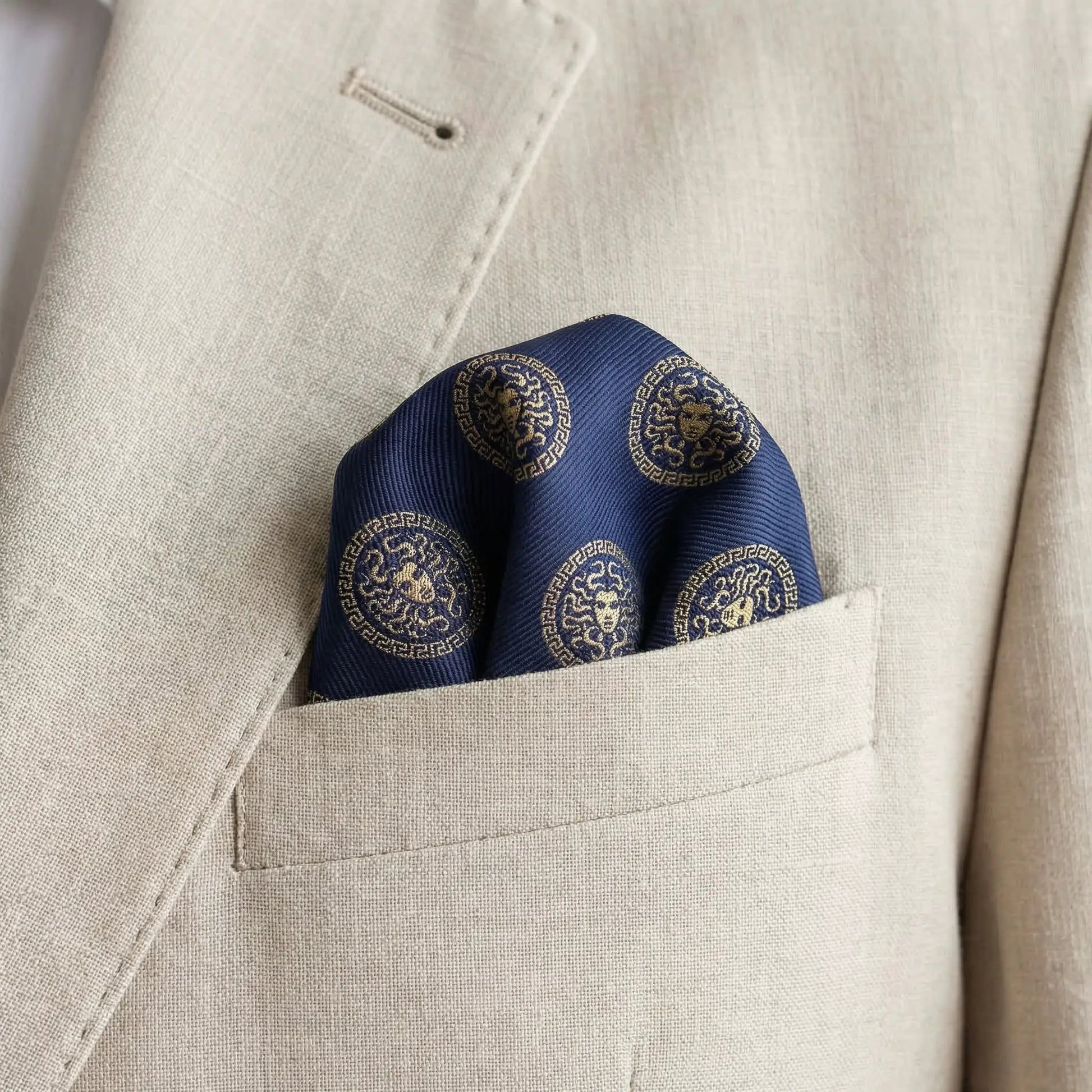 Medusa Pocket Square Blue & Gold by OFL Ties