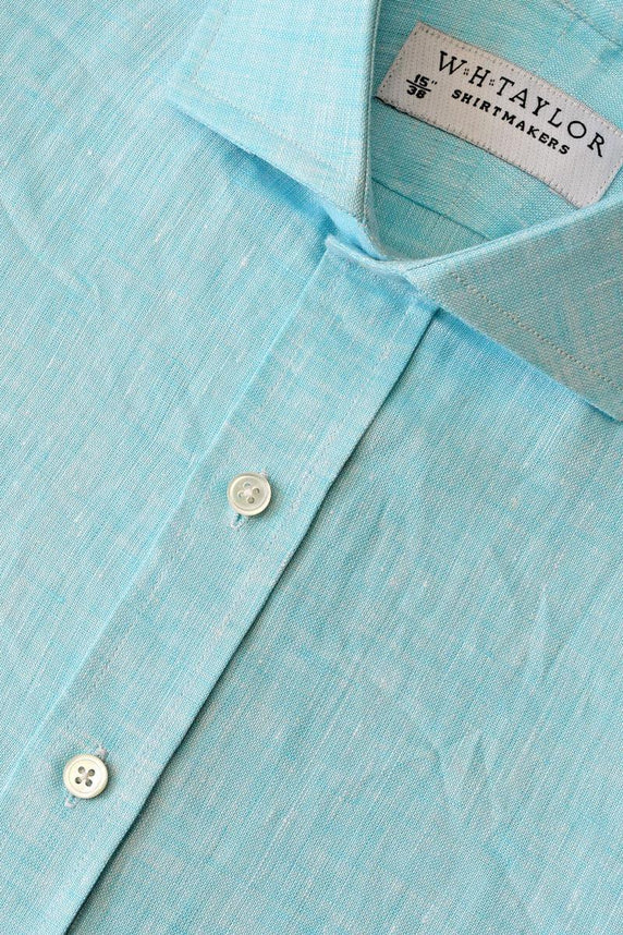 W.H Taylor shirtmakers Plain Aqua Linen Bespoke Shirt