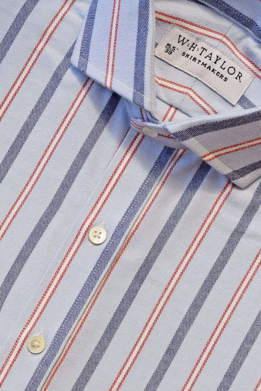 Blue Navy & Red Tramline Striped Brushed Twill Men's Bespoke Shirt - whtshirtmakers.com