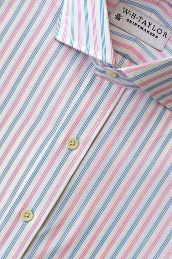 W.H Taylor shirtmakers Blue & Pink Triple Striped Poplin Bespoke Shirt