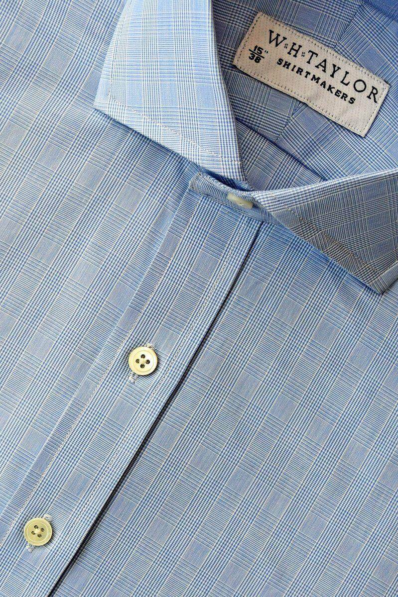 Blue Mini Prince of Wales Check Poplin Men's Bespoke Shirt - whtshirtmakers.com