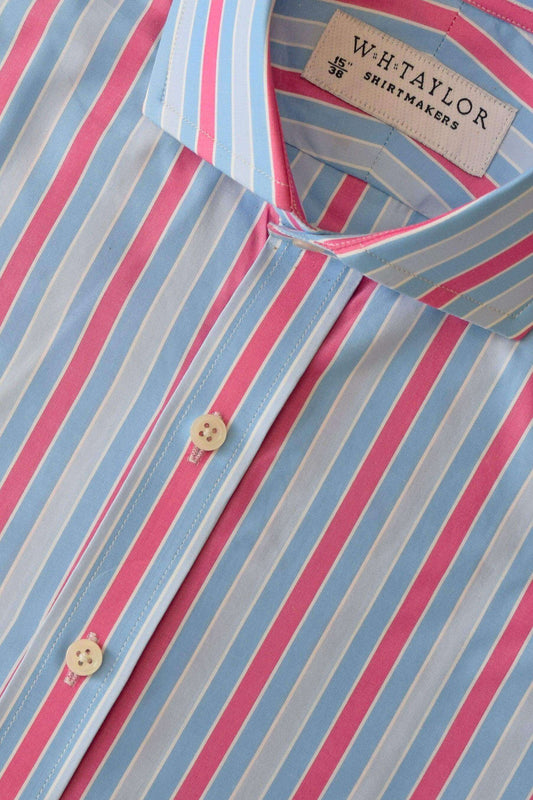 Blue Sky & Fushia Candy Stripe Poplin Men's Bespoke Shirt - whtshirtmakers.com