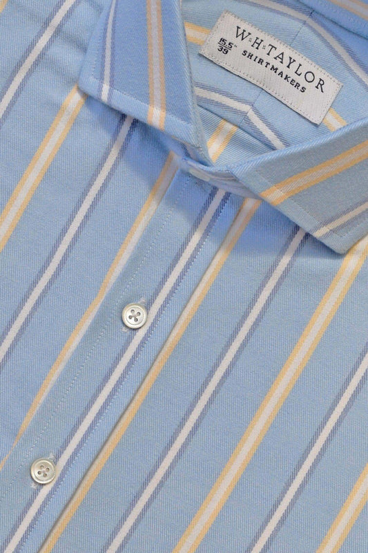 Sky Blue & Navy Yellow Alternating Tramline Striped Brushed Twill Men's Bespoke Shirt - whtshirtmakers.com