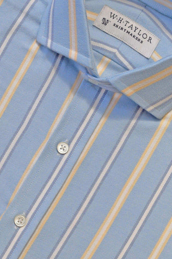 W.H Taylor shirtmakers Sky Blue & Navy Yellow Alternating Tramline Striped Brushed Twill Bespoke Shirt