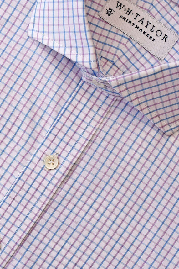 W.H Taylor shirtmakers Blue Lilac Windowpane Check Poplin Bespoke Shirt
