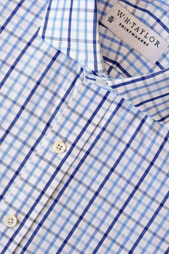 W.H Taylor shirtmakers Blue & Navy Tramline Check Poplin Bespoke Shirt