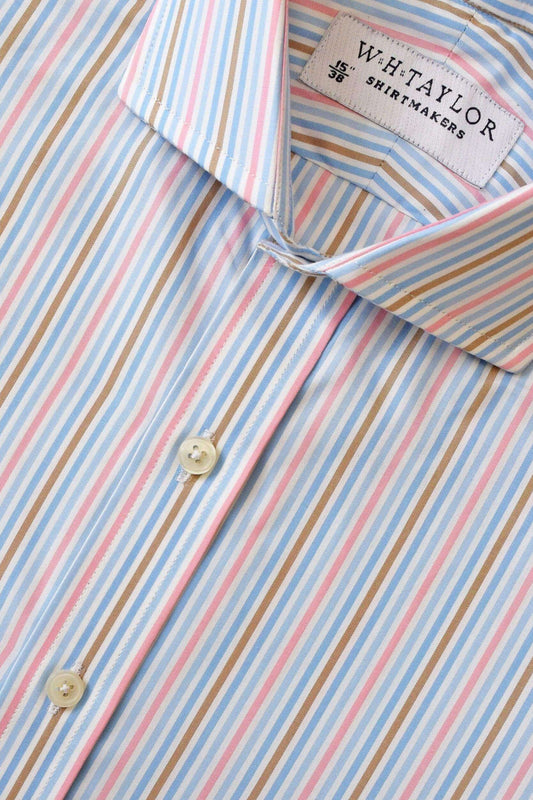 Blue Brown and Pink Striped Poplin Men's Bespoke Shirt - whtshirtmakers.com