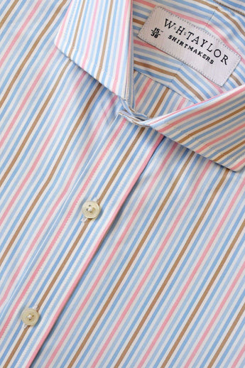 W.H Taylor shirtmakers Blue Brown and Pink Striped Poplin Bespoke Shirt