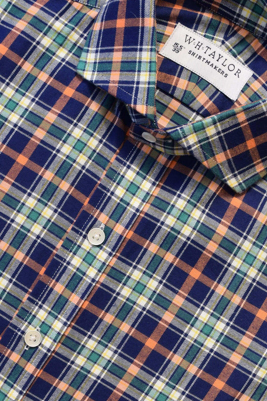 Navy Green & Orange Brushed Cotton Plaid Check Twill Men's Bespoke Shirt - whtshirtmakers.com