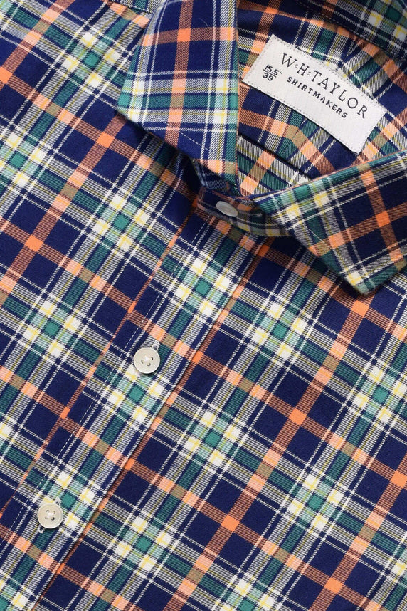W.H Taylor shirtmakers Navy Green & Orange Brushed Cotton Plaid Check Twill Bespoke Shirt