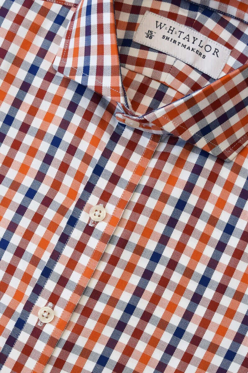 Navy, Red & Orange Plaid Check Men's Bespoke Shirt - whtshirtmakers.com