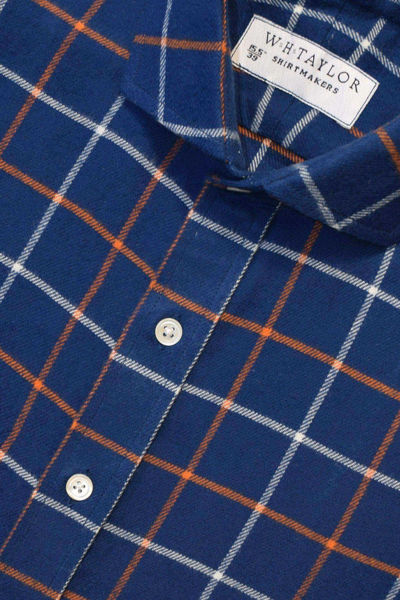 W.H Taylor shirtmakers Royal Navy, Orange & White Brushed Cotton Tattersall Check Bespoke Shirt