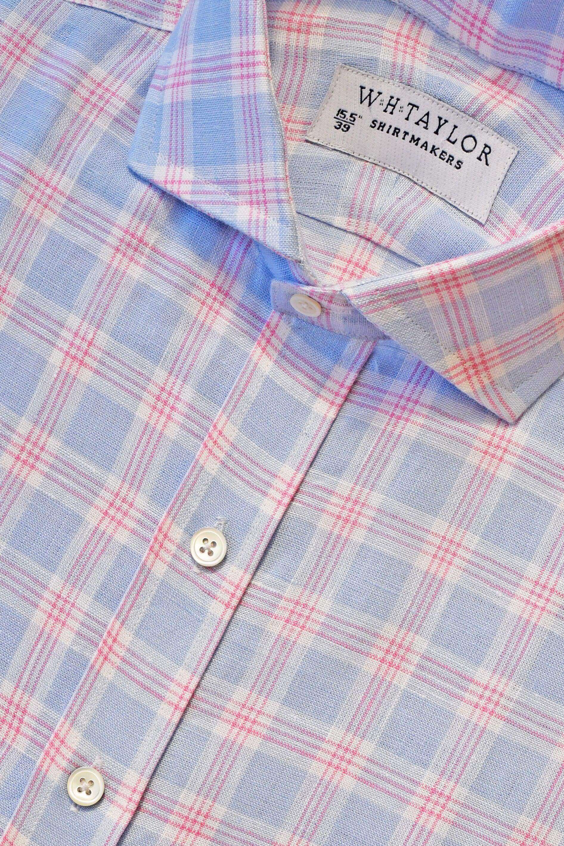 Sky & Pink Plaid Check Linen Men's Bespoke Shirt - whtshirtmakers.com
