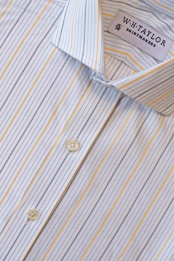 W.H Taylor shirtmakers Triple Blue & Yellow Hairline Stripe Poplin Bespoke Shirt