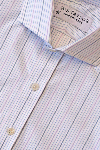 W.H Taylor shirtmakers Triple Blue & Lilac Hairline Stripe Poplin Bespoke Shirt