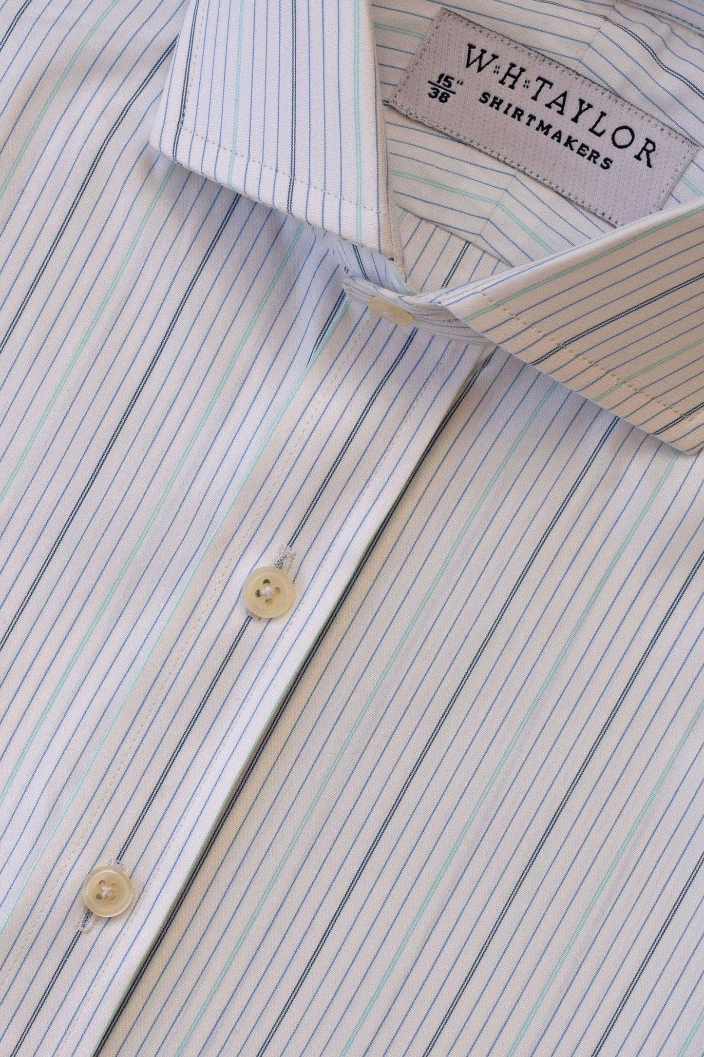 Triple Blue & Mint Hairline Stripe Poplin Men's Bespoke Shirt - whtshirtmakers.com